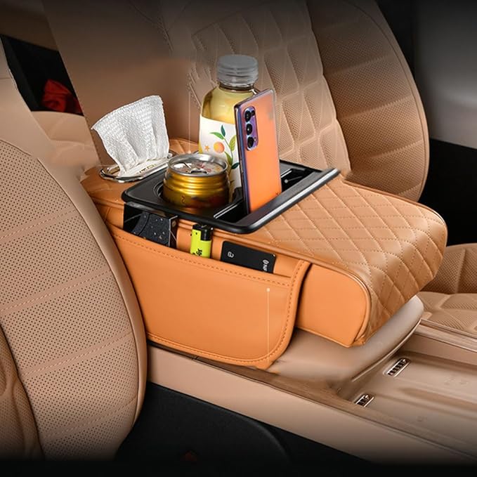 Car Center Console Armrest Pad for Nissan Kicks 2018–2025 2026 P16,Pu Leather Heightening Cushion with Cup Holder and Tissue Box,Multifunctional Organizer Accessories,Red