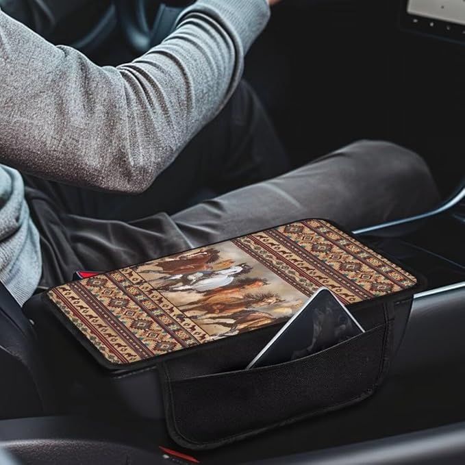 Boatee Horse Arm Rest Cover for Auto Center Console Cover Armrest Mat for Car Console Cushion Auto Arm Rest Box Pad Vehicle Console Organizer Interior Protector Armrest Cushion Western Aztec Brown