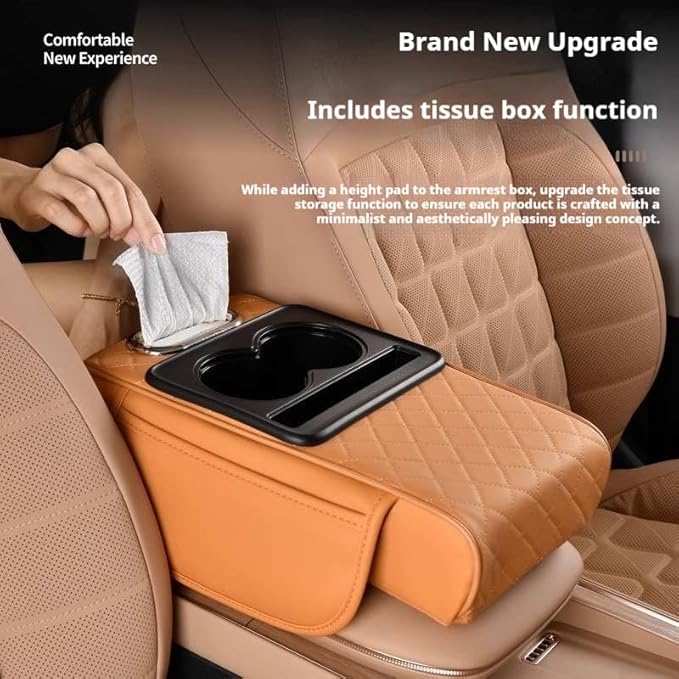 Leather car armrest Organizer with Cup Holders, Storage Pockets & Anti-Slip pad. Universal fit, Easy Install. (Black)
