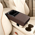 Car Center Console Armrest Pillow, Leather Vehicle Middle Console Protection Cushion with Cup & Phone Holder, Waterproof Automotive Arm Rest Box Cover, Universal Fit (Coffee Rhombus)