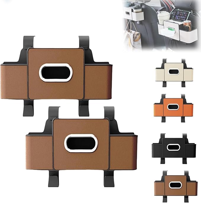 pupken Car Organizers and Storage Box, Car Organizers and Storage Box Behind Set, 4 in 1 Multifunctional Cars Organizer and Storage Back Seat for Hold Phone, Drinks, Handbag, Universal Fit (Brown*2)