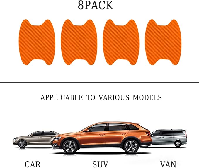 8PCS Car Door Handle Sticker, Carbon Fiber Anti-Scratches Car Door Cup Protector, Non-Marking Auto Door Handle Protective Film, Self-Adhesive Door Side Paint Protector for All Cars (Orange/8PCS)