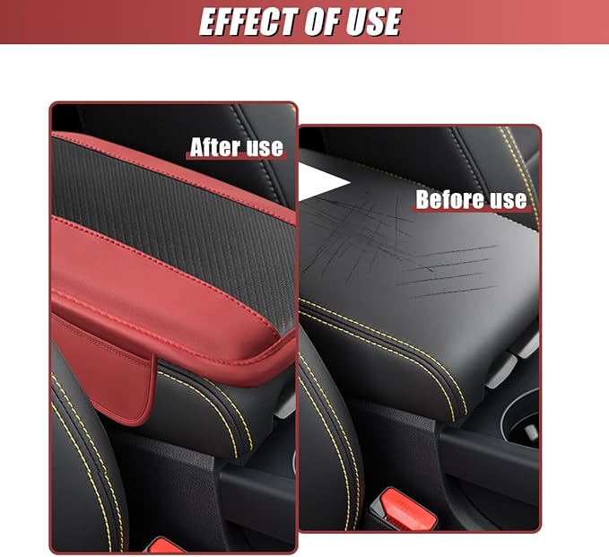 Car Center Console Cover, Carbon Fiber Leather Car Armrest Cover Protector, Auto Middle Console Support Pad with Side Storage, Universal Storage Box Cushion for Most Vehicle Interior (Red)