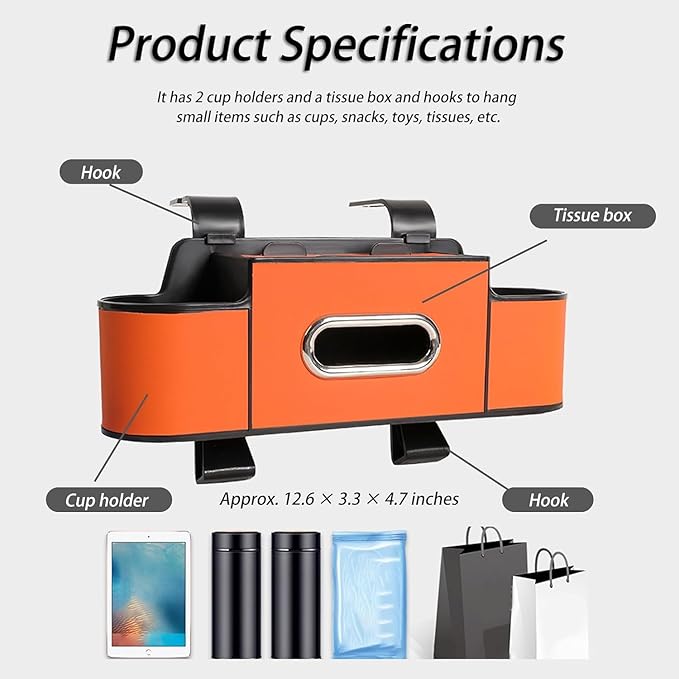 pupken Car Organizers and Storage Box, Car Organizers and Storage Box Behind Set, 4 in 1 Multifunctional Cars Organizer and Storage Back Seat for Hold Phone, Drinks, Handbag, Universal Fit (Orange*2)