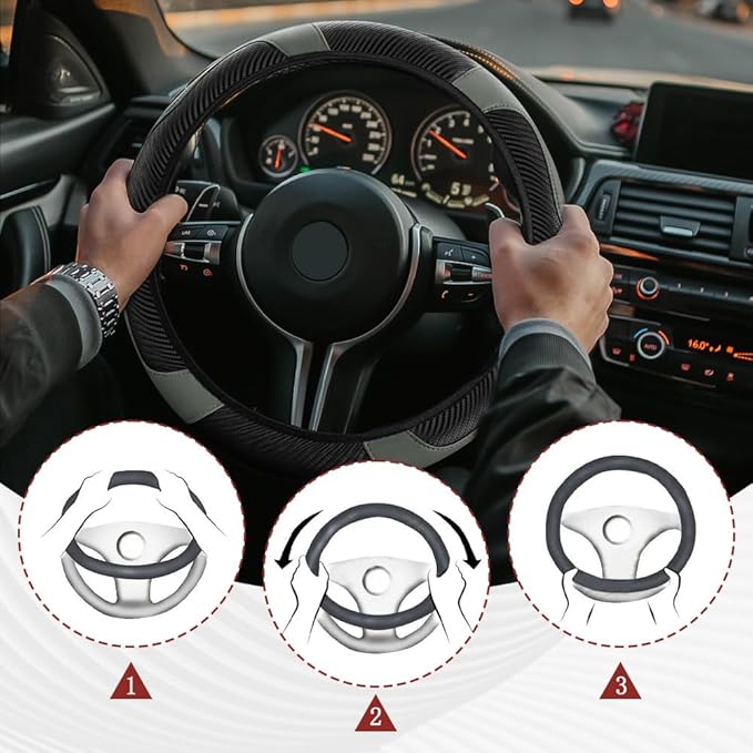 Car Steering Wheel Cover, Steering Wheel Protector, Universal 14.5-15 Inch Microfiber Leather Breathable Auto Steering Wheel Covers, Carbon Fiber Steering Wheel Cover for Women Men (Gray)