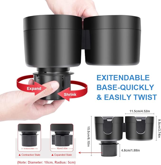 JINKEY Dual Cup Holder Expander for Car, 2 in 1 Multifunctional Large Car Cup Holder Expander Adapter with expanded 2.69"- 3.94" Adjustable Base for Bottles Cups Drinks Snack Organizer Holder