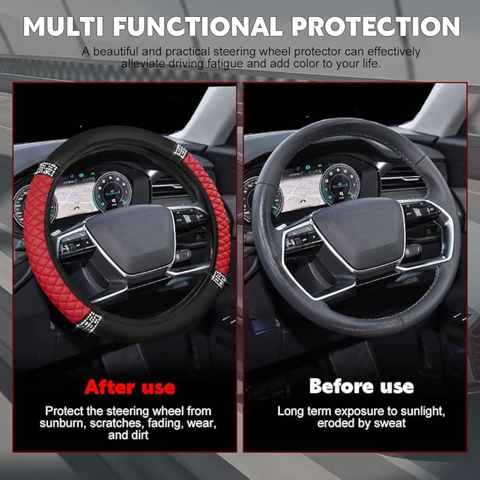 Car Steering Wheel Cover, Steering Wheel Accessories, Breathable Microfiber Leather Auto Wheels Protector, Universal 15 Inch Anti-Slip Protector for SUV Sedan Truck (Bling-Red)