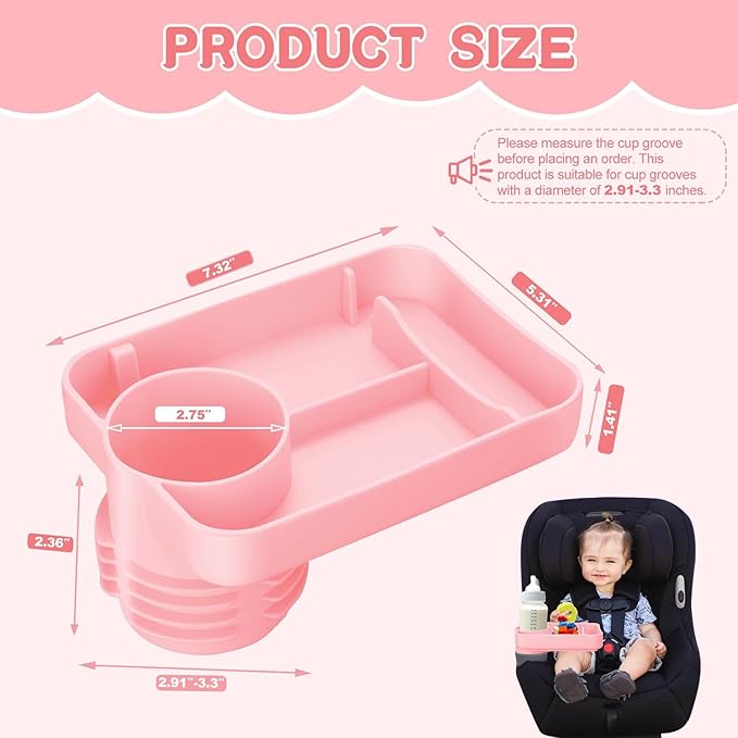 Car Seat Cup Holder Snack Tray - Silicone Food Trays for Travel with Expandable Soft Rubber Base Fits Most Cup Holders Portable Accessories Essentials for Small Fruit, Toys (Pink)