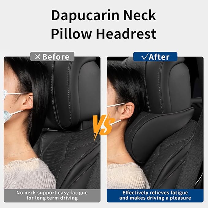 Dapucarin Car Headrest Memory Foam Neck Pillow for Driving with Leather Cover Soft Comfortable Seat Head Pillow Cushion for Most Cars SUV Sedan Home Office Black (2PC)