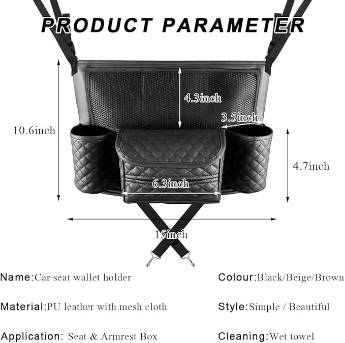 Car Purse Holder Between Seats, Luxury Leather Front Seat Back Handbag Organizer with Tissue Box Cup Holders, Auto Large Capacity Multi Pocket Purse Holder Hanging Storage Bag (Black)
