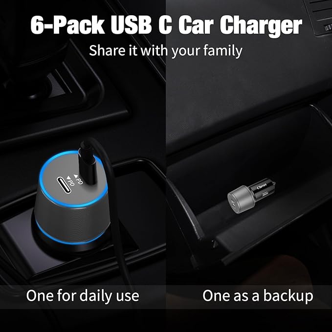 6 Pack USB C Car Charger, 40W Fast Charging for iPhone 17/16 Pro Max/Plus/16 SE/15, Samsung Galaxy S25 Ultra/S24/S23/S22/A16/A15/A55, Pixel 10, Dual 20W Type C Port Cigarette Lighter Adapter- Grey