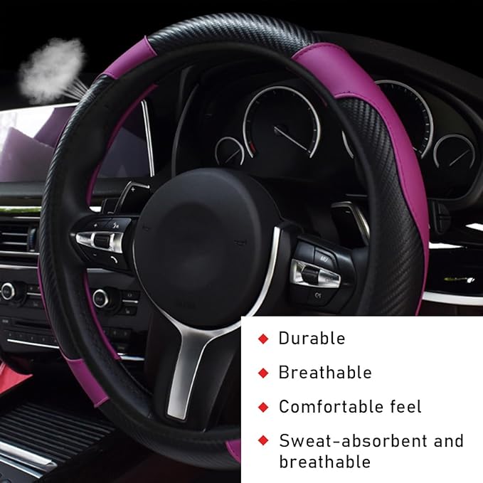 Car Steering Wheel Cover, 15 Inch Leather Breathable Auto Steering Wheel Protector, Comfortable Non-Slip Vehicle Steering Wheel Covers, Universal Interior Car Accessories (Black+Purple)