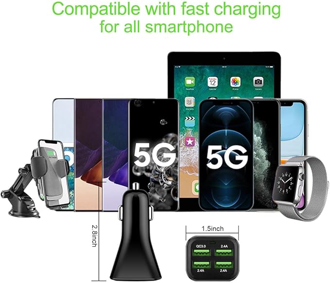 USB Car Charger Adapter, QC 3.0 Fast Car Phone Charger, 4-Port Multi 9.6 Amp Cigarette Lighter Adapter Compatible with iPhone 16/15/14/13/12 Pro Max, Samsung Galaxy S22 Note20, LG, Pixel.