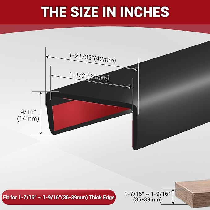 Rubber Edge Trim, Flexible Self Adhesive U Shaped Peel and Stick Edge Banding, 1-1/2"(38mm) U Channel Edge Protector, Edge Guards for Woods, Furniture, 20Ft, Black Color