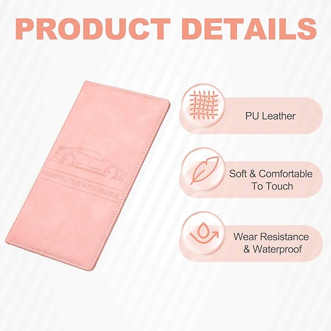 HARFINGTON Car Registration and Insurance Holder 9.65" x 4.92" PU Leather Vehicle Glove Box Organizer Storage Accessories Men Women Car ID Holder for License ID Card Bank Card, Pink