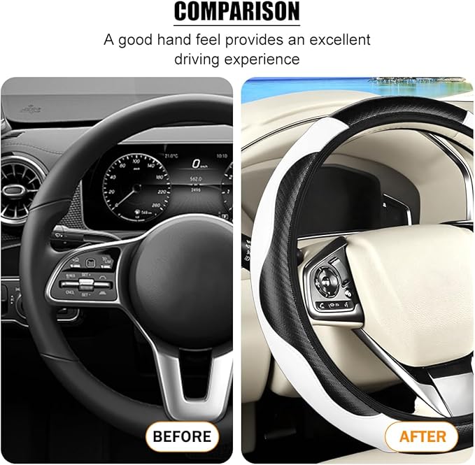Carbon Fiber Car Steering Wheel Cover, 14.5-15 Inch Elastic Stretch Steering Wheel Guard, Sports Style Non-Slip Automotive Interior Accessories, Universal for Vehicles (Black/White)