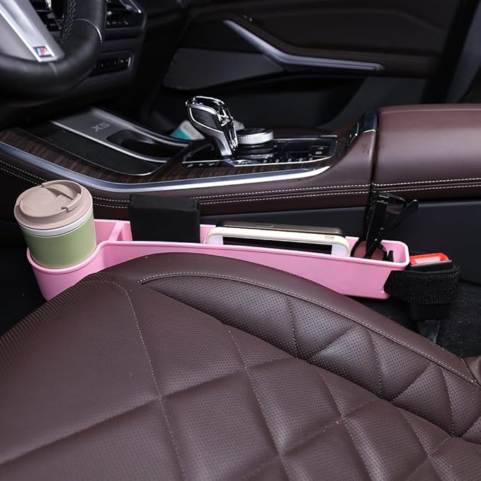 Car Seat Gap Filler, Multifunctional Seat Side Gap Filler with Cup Holder & Organizer, Gap Stopper Universal Fit Car SUV Truck Fill The Gap Between Seat & Console Set of 2 (Pink)