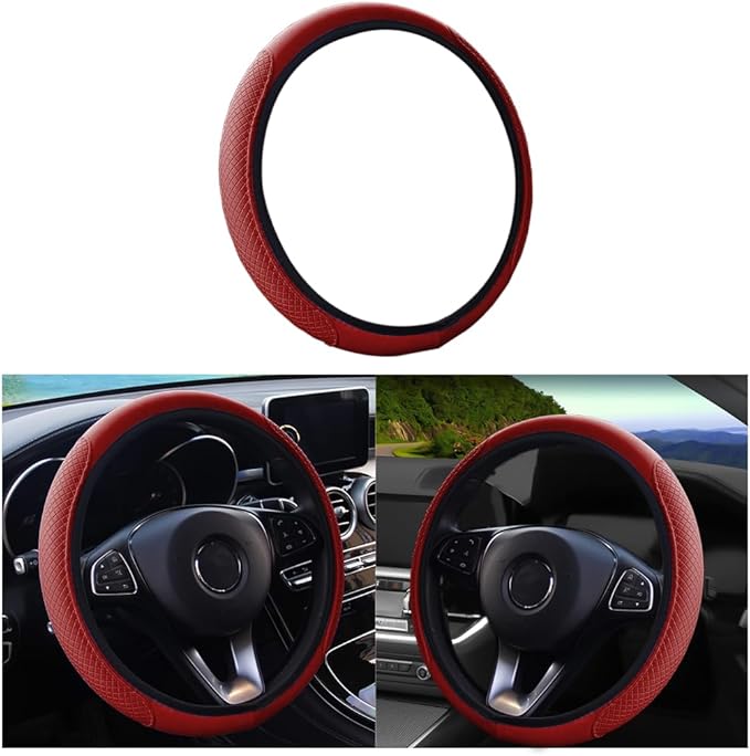 Leather Car Steering Wheel Cover, Anti-Slip Breathable Microfiber Leather Steering Wheel Protector for Women Men, Universal 15'' Elastic Soft Odorless, Car Accessories for Car, Truck, SUV (Wine Red)