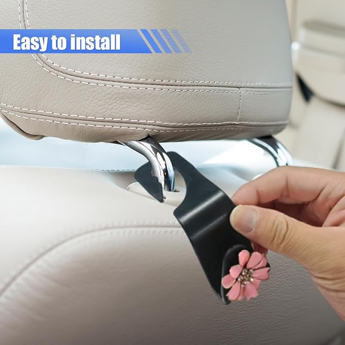 Craedli 2PCS Bling Flower Car Seat Headrest Hook, Cute Rhinestones Car Mini Hook Auto Back Seat Hanger Organizer, Portable Vehicle Interior Bag & Purse Storage Holder for SUV, Sedan, Truck (Pink)