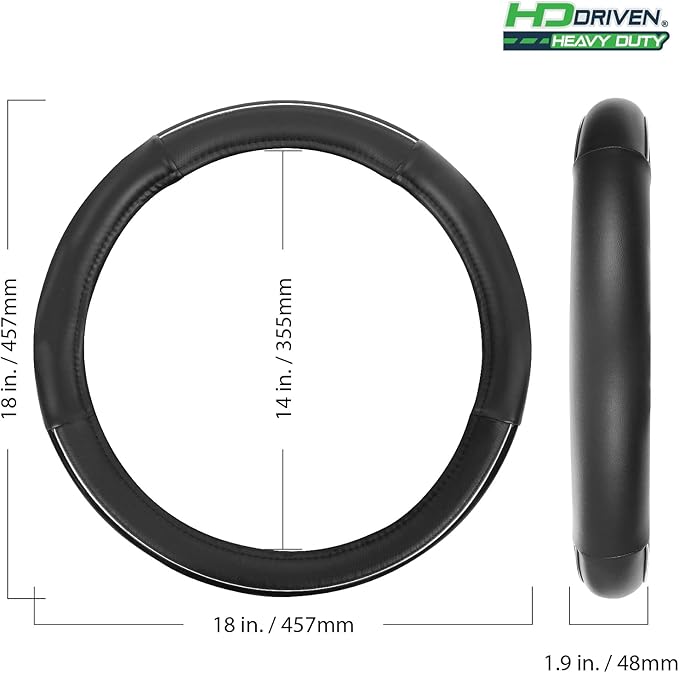 HD Driven SWC Premium Black Leather Steering Wheel Cover – 18” Diameter for Semi-Trucks, Ribbed Rubber Core & High-Performance Leather, Vehicle Accessories
