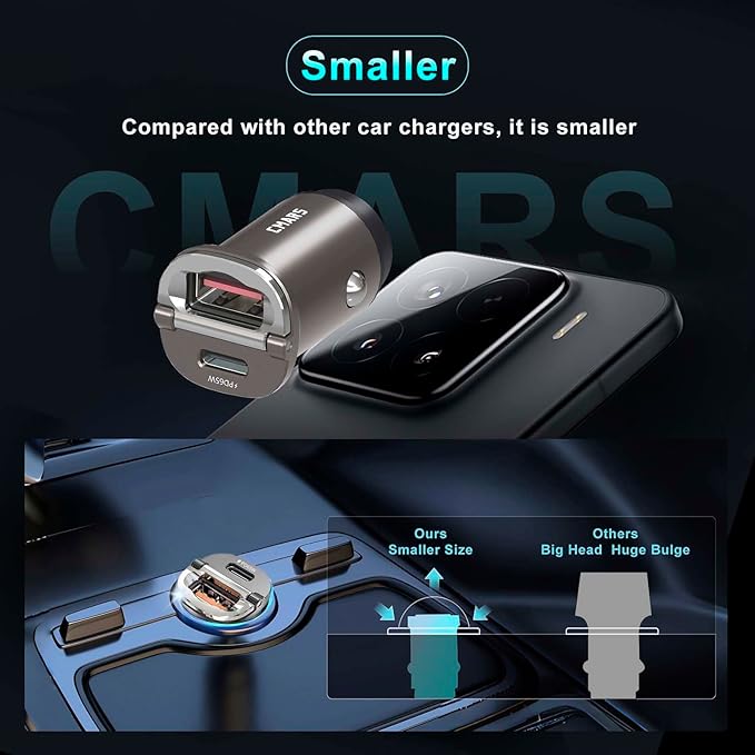 CMARS Upgraded 125W [PD65W+QC60W] Car Charger USB C/A 2-Port Fast Charge, Car Phone Charger Cigarette Lighter Adapter for iPhone 16/15/14/13/12, Samsung S25/S24/S23/S22, iPad/Lenovo/MacBook/Android