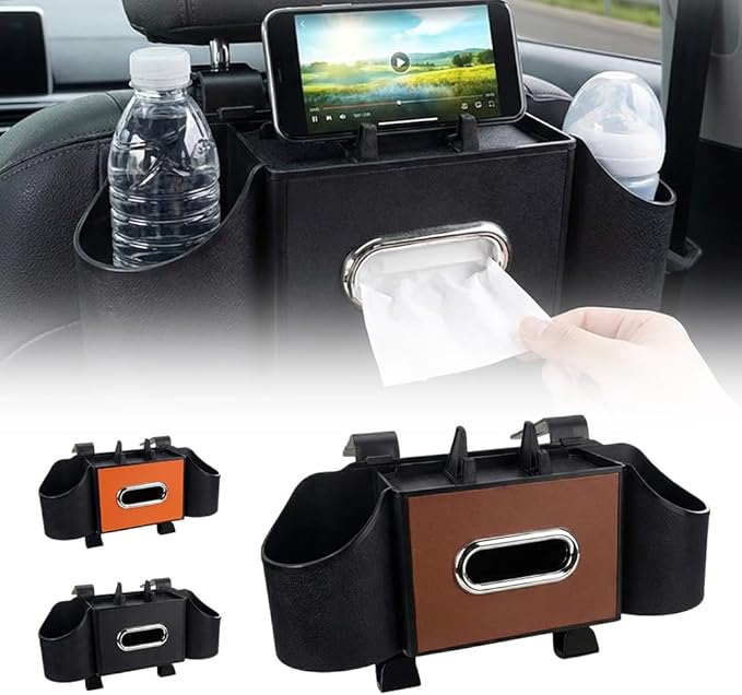 4-In-1 Car Organizer Back Seat, 2026 New Multifunctional Organizer, Portable Car Cup Holder for Road Trips, Durable Car Trash Bin for Families, Universal Car Seat Organizer (Brown)