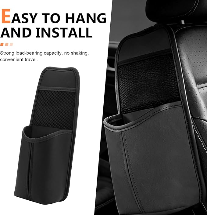 Car Tissue Holder, Leather Seat Side Strap-On Organizer Box with Mesh Net, Multifunctional Hanging Card Cup Holder Storage Bag, Universal for Most Cars (Black)