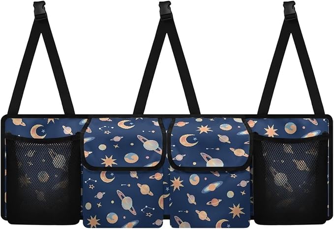 Car Trunk Organizers, Space Planets 37.1" x 11.8" Backseat Hanging Organizer with 4 Storage Bag, Waterproof Car Organizer with Adjustable Strap, Road Trip Large Capacity Bag for Car SUV
