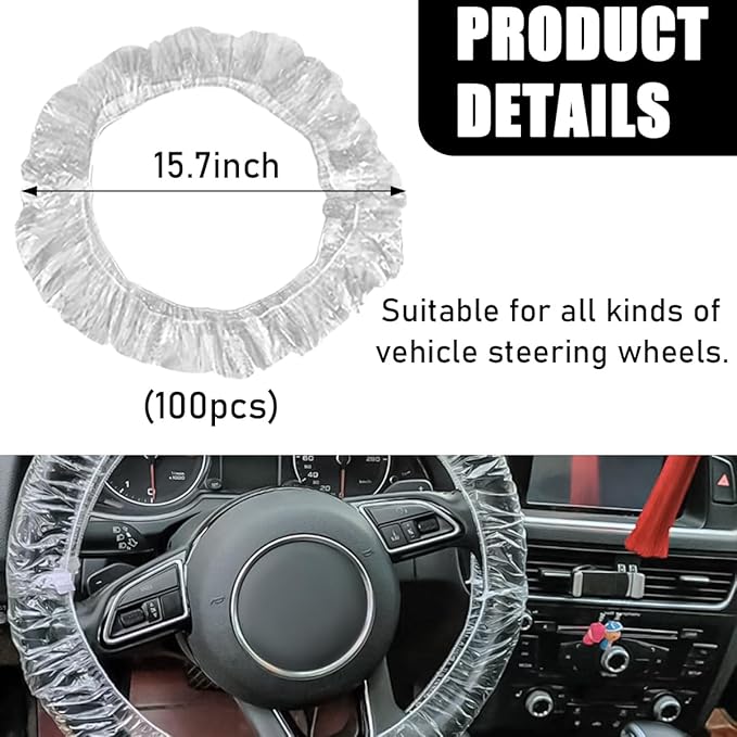 100PCS Disposable Car Steering Wheel Cover, Plastic Transparent Steering Wheel Protector with Elastic Trim, Universal Flexible Wheel Cover for Most Vehicles, Car Accessories