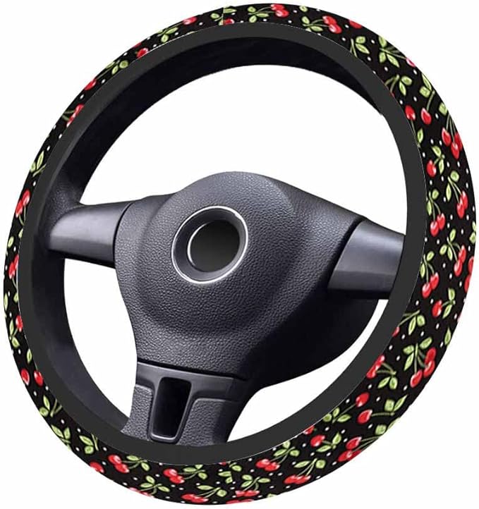 Cherry Steering Wheel Cover Red Cherry on Black Background Steering Wheel Cover for Women Men Anti-Slip Breathable Steering Wheel Protector Car Accessories