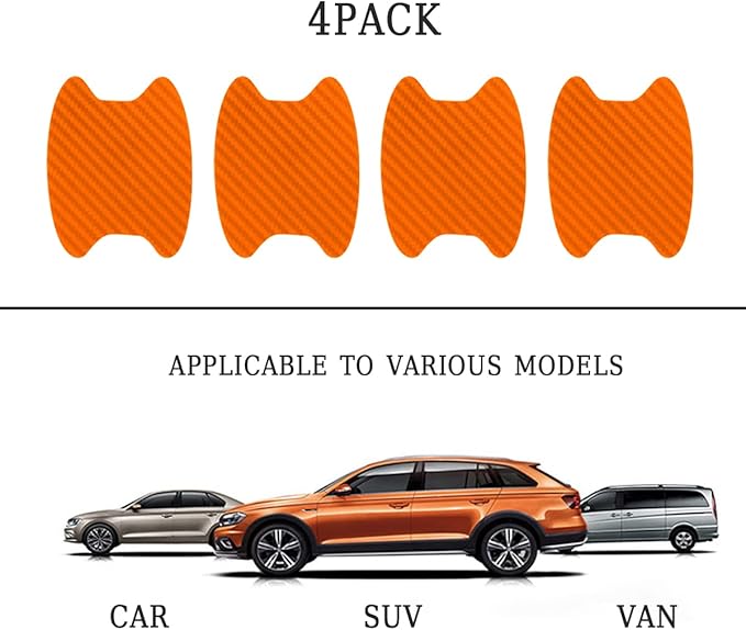 4PCS Car Door Handle Protector Sticker, Universal Carbon Fiber Anti-Scratches Auto Protective Film, Car Door Side Paint Cover Guard Stickers Fit for Most Car Handles （Orange/4PCS）