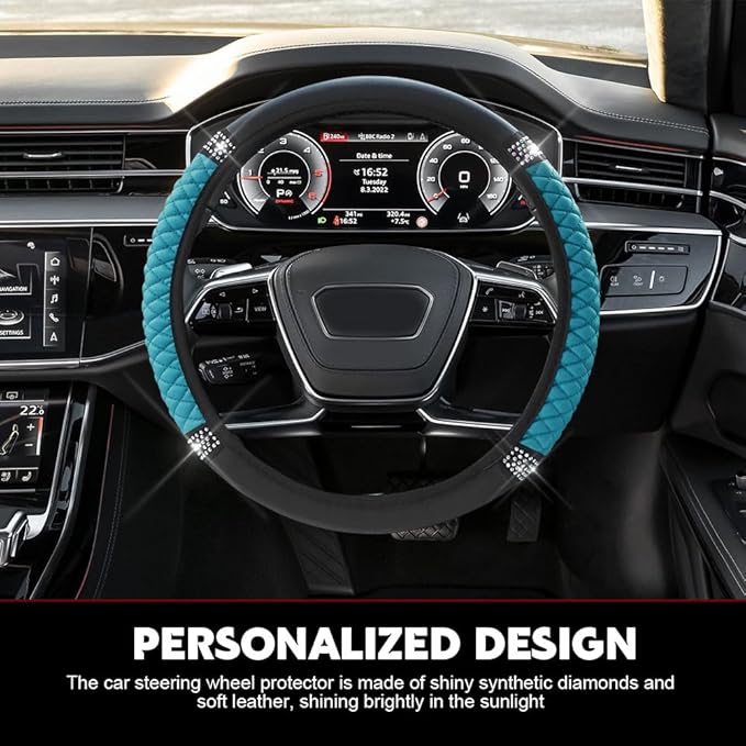 Car Steering Wheel Cover, Steering Wheel Accessories, Breathable Microfiber Leather Auto Wheels Protector, Universal 15 Inch Anti-Slip Protector for SUV Sedan Truck (Bling-Blue)