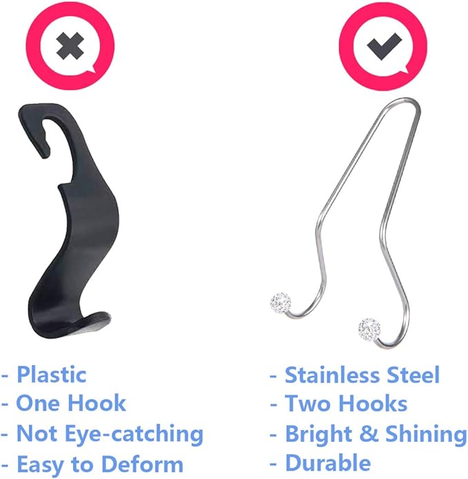 Bling Car Seat Hooks, Rhinestone Universal Organizer Hooks Car Headrest Hangers Hooks, Bag Organizers Rack and Hanger, Strong and Durable Auto Backseat Storage Hooks (A-White)