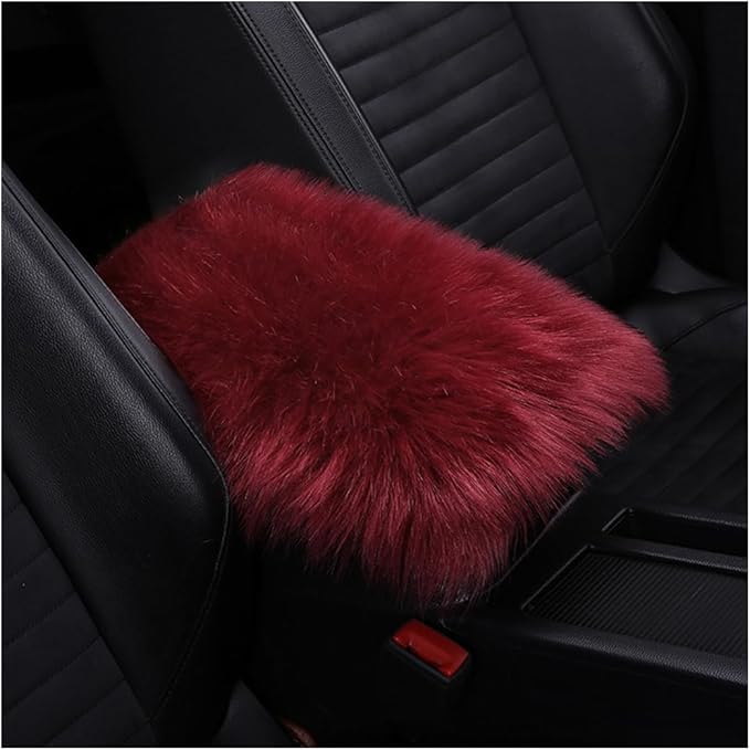 Auto Center Console Pad, 11.8" x 7.9" Furry Armrest Cover Universal for SUV/Truck/Car, Warm Winter Premium Faux Sheepskin Wool, Soft Fluffy Car Armrest Seat Box Cushion Protector (Wine Red)