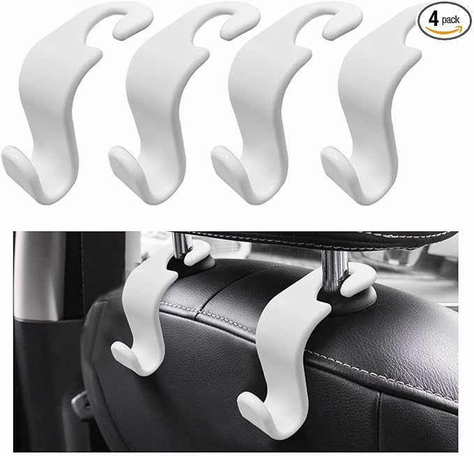Ziciner Car Seat Headrest Hooks, 4 Pack Auto Durable Backseat Hangers Storage Organizer, Universal Vehicle Interior Holder Accessories for Purse, Grocery Bags, Handbag, Cloths ect (White)