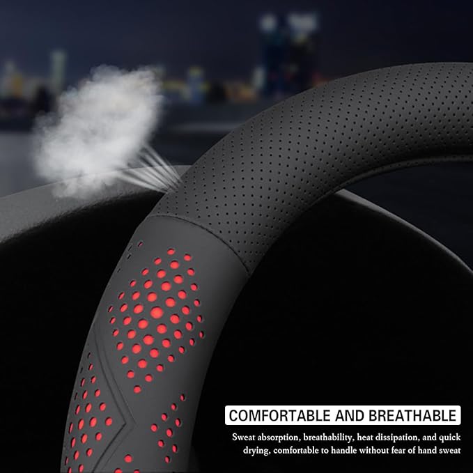 Car Steering Wheel Cover, Anti-Slip Breathable Leather Automotive Steering Wheel Protector, Soft Comfortable Vehicle Interior Protective Accessories, Universal for RV, SUV, Truck (Red)