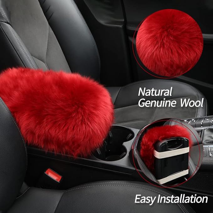IRIWOOL Sheepskin Armrest Cover Auto Center Armrest Cover Car Soft Console Pad, Fluffy Wool Auto Center Console Cover for Most Car Arm Rest Decoration Protector 9 x 14 Inch (Long Wool, Khaki)