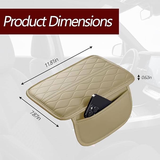 HZEL Car Center Console Cover, Scratch & Wear Resistant Soft Leather Vehicle Armrest Seat Box Cushion Pad with 2 Storage Bag, Waterproof Automotive Interior Protector, Universal Fit (Beige)