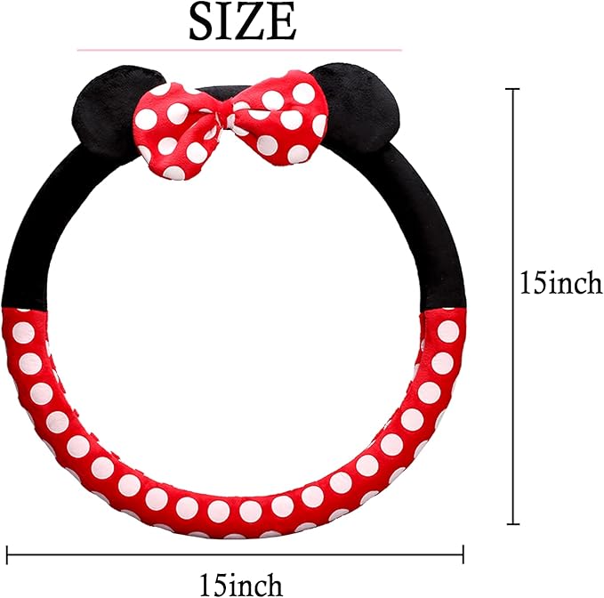 Cute Car Steering Wheel Cover, Universal Fit 15 Inch Soft Comfortable Plush Anti Slip & Odor Free Car Wheel Protector for Women Girls Red