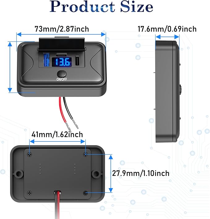 90W 12V USB Outlet Panel Wall Mount, Dual 36W USB C and QC 3.0 18W Car USB Port Charger with Voltmeter Button Switch, Waterproof 3 USB Multi Port Power Outlet DIY 12V Accessories for Car Bus RV Truck