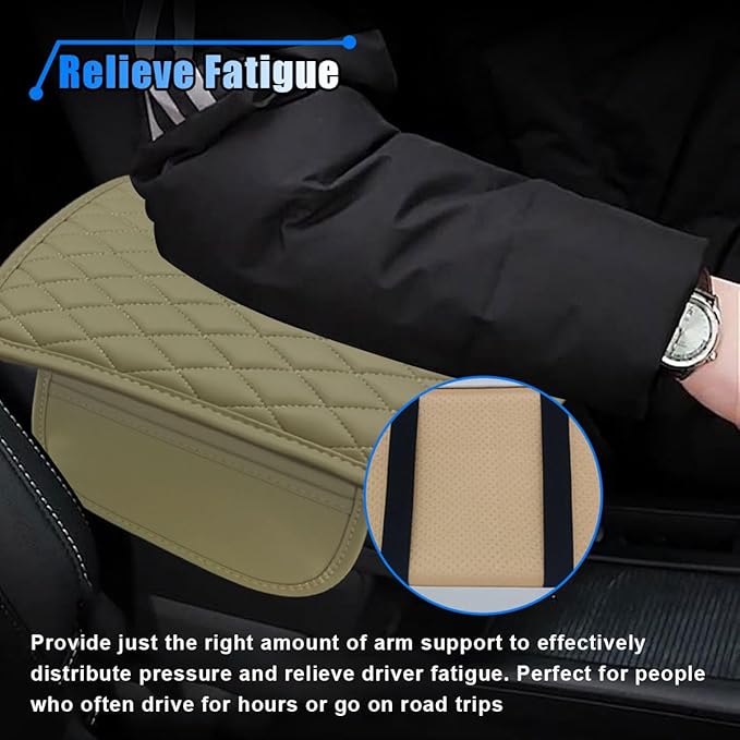 Car Center Console Cover, Car Armrest Cover Cushion, Leather Support Pad with 2 Storage Bags, Universal Interior Decorative Accessory for Most Vehicles, SUVs, Trucks, RVs (Beige)
