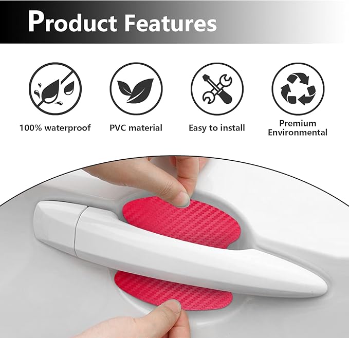 Kewucn 4PCS Car Handle Sticker, Carbon Fiber Auto Door Handle Protective Films, Anti-Scratch Vehicle Cup Protector, Universal Exterior Accessories for Most Cars (Red)