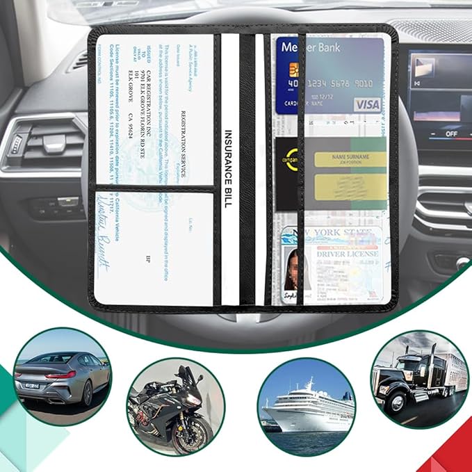 Vehicle Glove Box Car Organizer, Car Registration and Insurance Holder, Insurance Card Holder for Cars, Leather Card Holder Interior Auto Accessories for Women (Black/Large)
