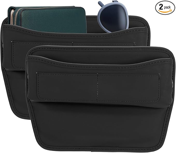 HARFINGTON 2pcs Car Seat Gap Filler Organizer 11.3 x 8 x 2.2 Inch Leather Universal Car Organizer Storage Box Between Seat and Console for Phone Sunglasses Keys, Black