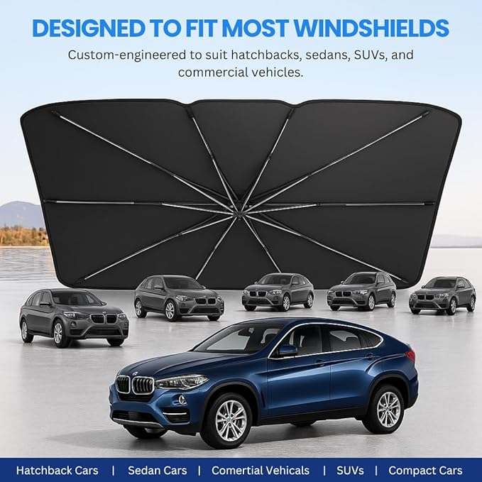 Andalus Brands Windshield Sun Shade for Cars, SUVs & Trucks – Foldable Umbrella Sun Visor for Car, Heat & UV Protector with Storage Pouch (Large (61x35 inch))