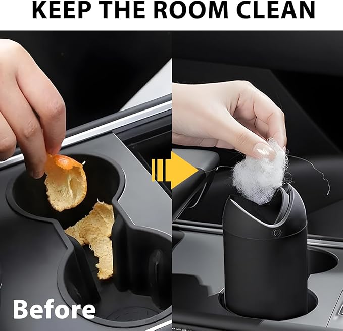 Car Trash Can with Lid, Silicone Leakproof Mini Round Vehicle Garbage Bin for Cup Holder, Portable Automotive Interior Waste Storage & Organizers Accessories, Universal Fit (Black)