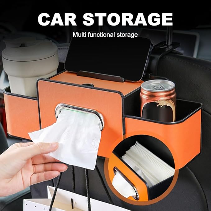 Fiopet 3-in-1 Car Seat Back Storage Box, 2026 New Multifunctional Car Back Seat Organizer with Cup Holder, Tissue Box, Trash Bin & Hooks for Hold Phones, Snacks, Drinks, Handbags (White)