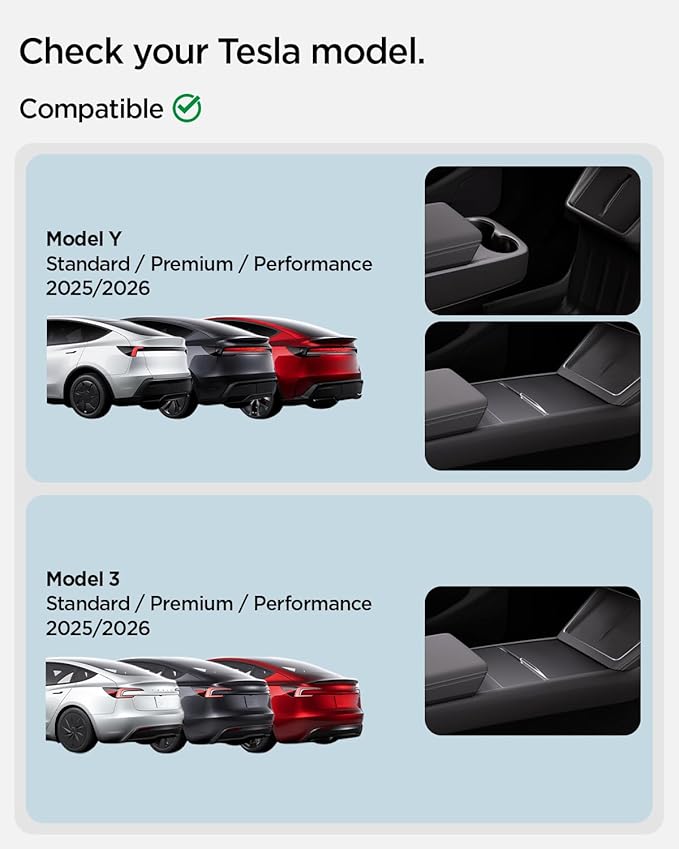 Spigen Armrest Console Organizer for Tesla Model Y Juniper (Standard, Premium & Performance 2026/2025) and Model 3 Highland (Standard, Premium & Performance 2026/25/24)