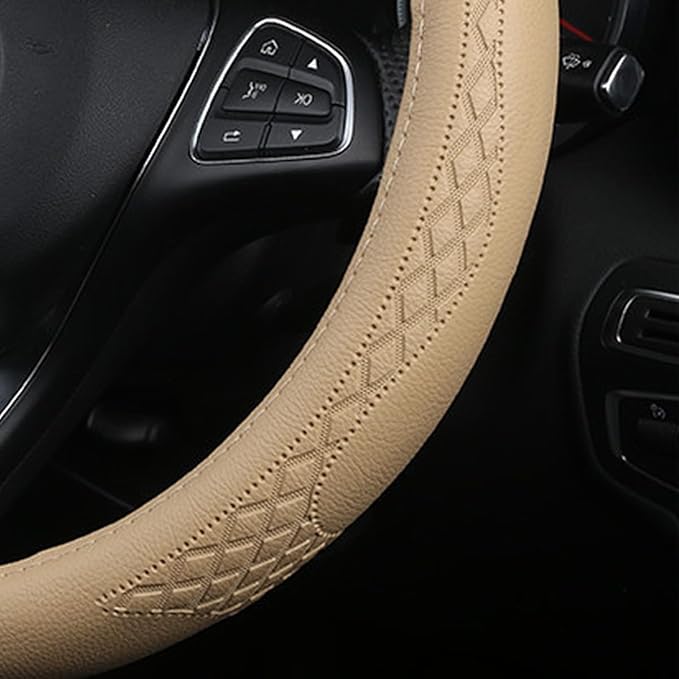 AUCELI Car Steering Wheel Cover, 14 1/2-15 inch Non-Slip Soft Breathable Leather Automotive Steering Wheel Protecteor, Vehicle Accessories for Men Women, Universal for SUV, Truck, RV（Beige）