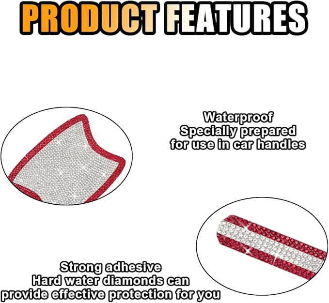10PCS Bling Car Door Handle Anti-Scratch Sticker, Bling Car Door Handle Sticker, Universal Car Doors Handles Protective Cover, Shiny Rhinestone Auto Decor Accessories for Women (White&Red)